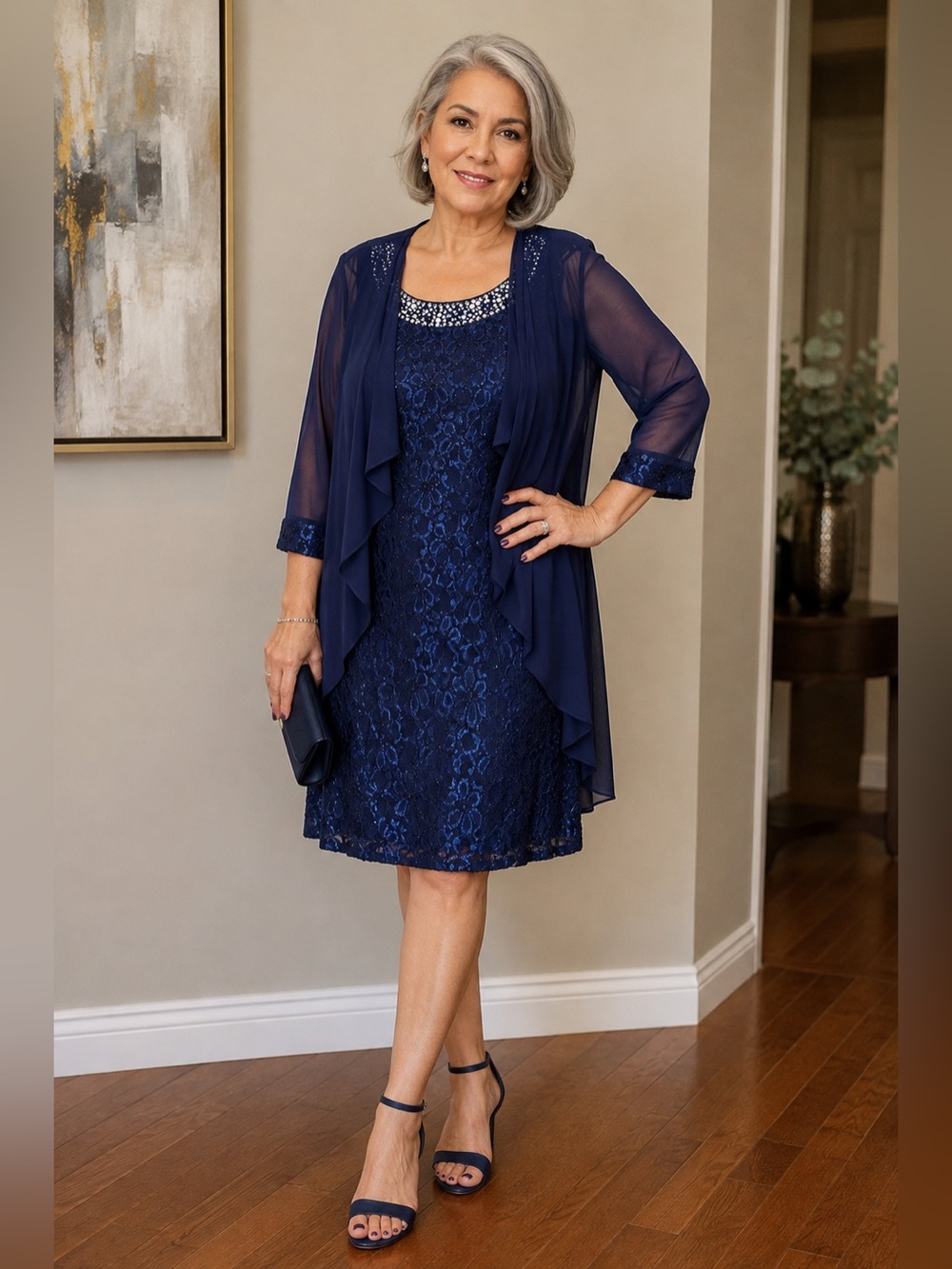 R&M Richards Navy Lace Midi Dress with Sheer Jacket